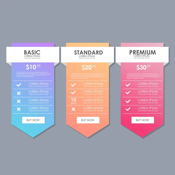 Set aanbieding tarieven. UI ux vector banner voor web app. set prijzen tabel, orde, vak, knop, lijst met plan voor een website in platte ontwerp. — Stockvector