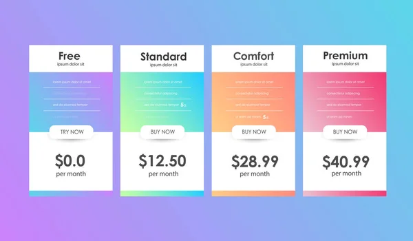 Set aanbieding tarieven. UI ux vector banner voor web app. set prijzen tabel, orde, vak, knop, lijst met plan voor een website in platte ontwerp. — Stockvector