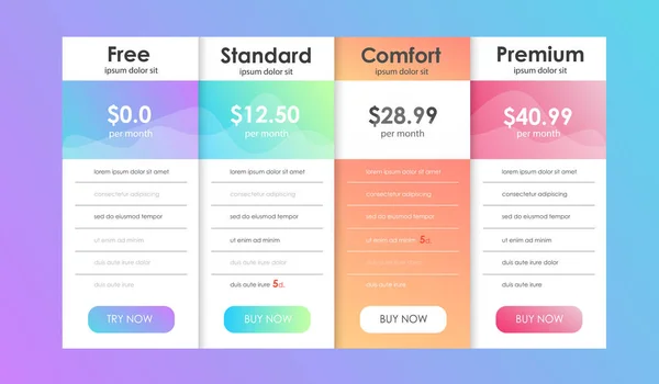 Set aanbieding tarieven. UI ux vector banner voor web app. set prijzen tabel, orde, vak, knop, lijst met plan voor een website in platte ontwerp. — Stockvector