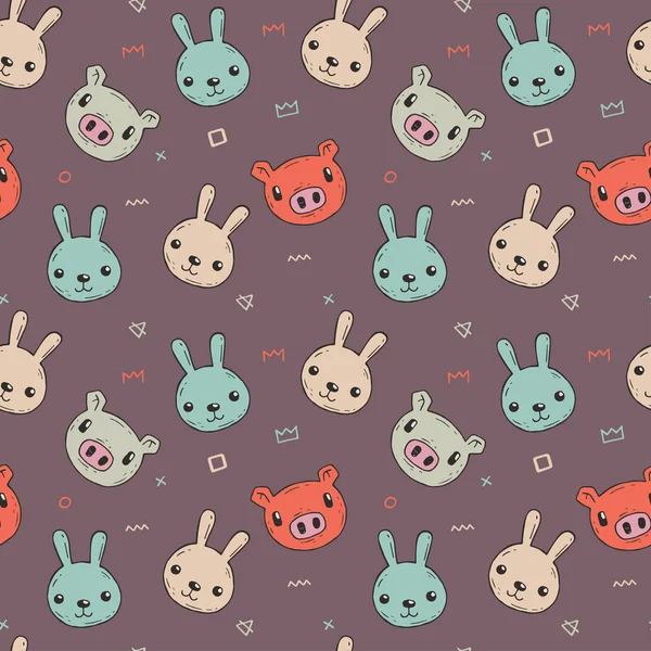 Cute seamless pattern with cartoon hares and pigs. Pattern with simple stylized characters in calm colors — Stock Vector