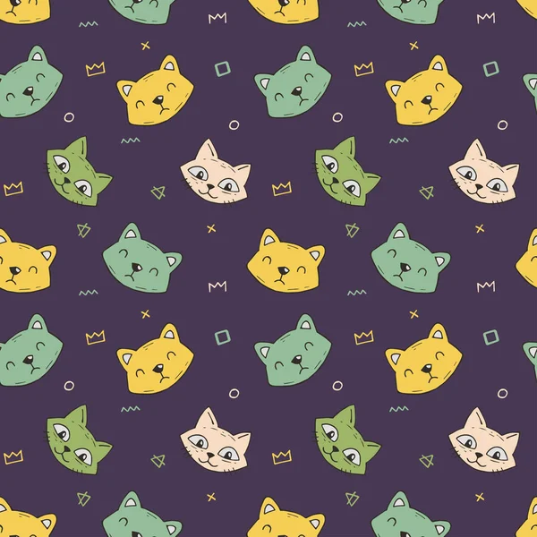 Niedliche nahtlose Muster mit Cartoon Dachse und Katzen. Muster mit einfachen stilisierten Schriftzeichen in ruhigen Farben — Stockvektor