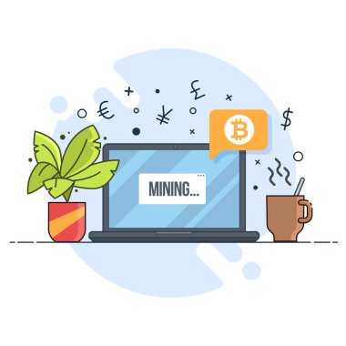 Çalışma alanı, freelancing, bitcoin çıkarma. Düz hat illüstrasyon için örümcek ağı ve app.