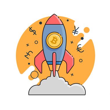 Roket bitcoins ile. Düz hat illüstrasyon için örümcek ağı ve app.