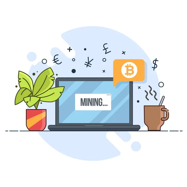 Local de trabalho, freelancer e mineração bitcoin. Ilustração de linha plana para web e app . —  Vetores de Stock