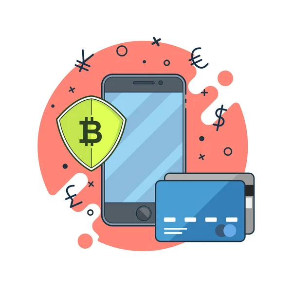 Plăți mobile, tehnologii Bitcoin. Ilustrație linie plat pentru web și aplicație . — Vector de stoc