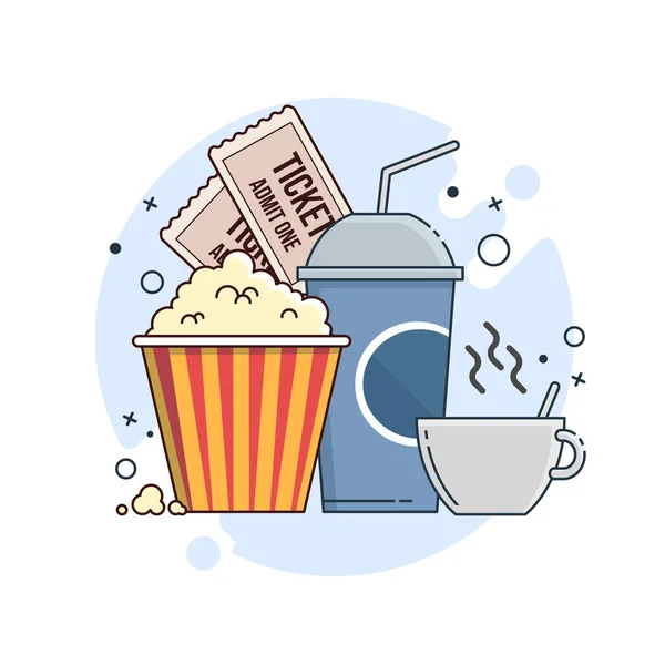 Uno spuntino al cinema. Caffè, bevande e popcorn. Illustrazione a linee piatte per web e app . — Vettoriale Stock