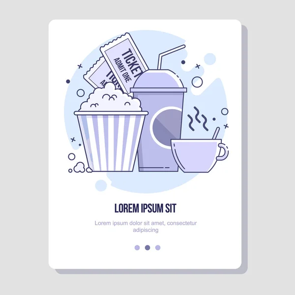 Snack en el cine. Café, bebidas y palomitas de maíz. Ilustración de línea plana para web y app . — Vector de stock