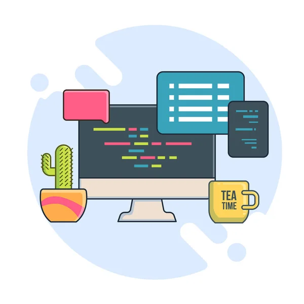 Arbetsplatsen av en programmerare eller frilansare. Platt linje illustration för webb och app. — Stock vektor