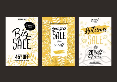 Sonbahar satış arka plan şablonu. Poster, kart, etiket, banner tasarım kümesi. Satış veya promosyon posteri ve çerçeve belgesi veya web afiş alışveriş için düzenleri.