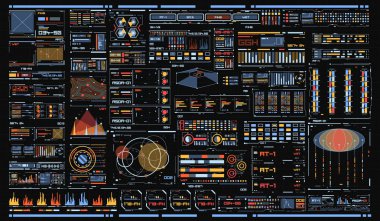 siyah ve beyaz Infographic öğeleri kümesi. Head-up görüntüleme öğeleri web ve uygulama fütüristik kullanıcı arabirimi için. Sanal grafiği.