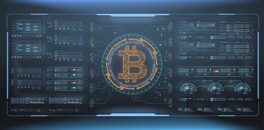 Bitcoin teknoloji soyut görselleştirme. Fütüristik estetik tasarım. Bitcoin arka plan Hud elemanları ile. Fütüristik kullanıcı arabirimi ellements web app için.