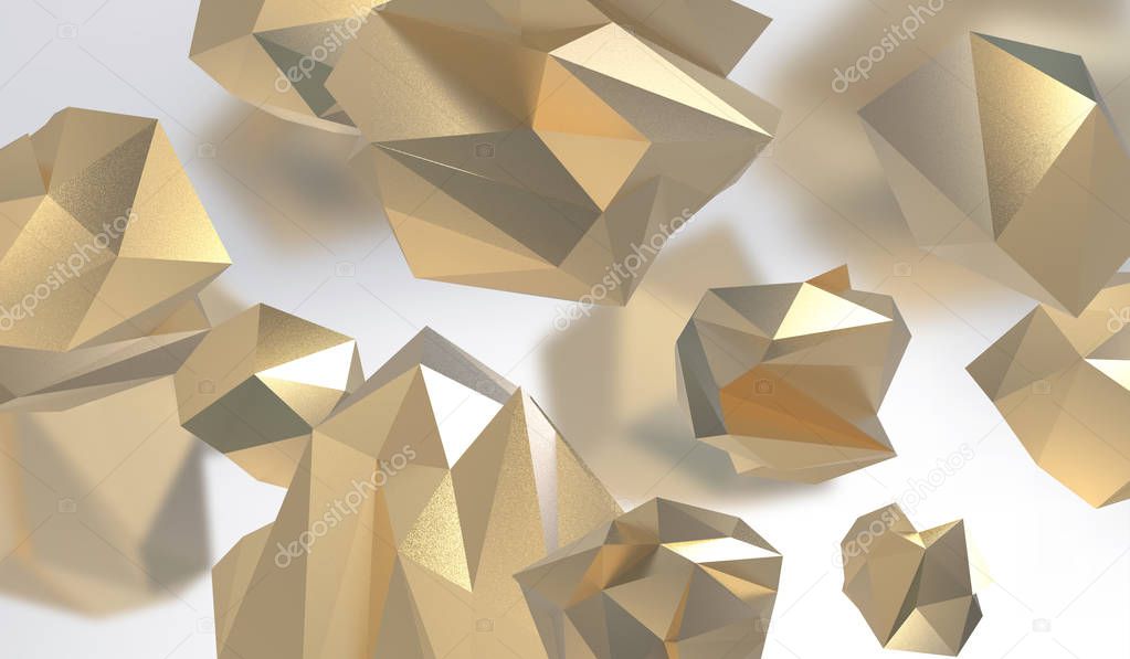 Abstract background with geometric shape from triangular faces. Chaotic composition of low poly elements. 3d render picture.