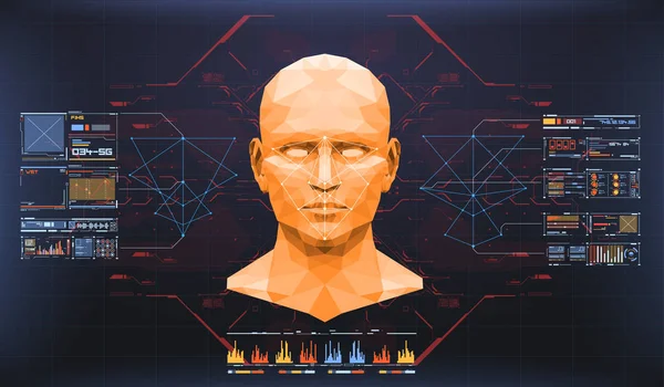 Conceito de digitalização facial. Reconhecimento facial preciso tecnologia biométrica e conceito de inteligência artificial. Detecção de rosto HUD interface . Vetores De Bancos De Imagens Sem Royalties