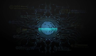 Fütürist stilde parmak taraması. Fütürist HUD Arayüzü olan biyometrik kimlik. Parmak izi tarama teknolojisi tasviri. Tanımlama Sistemi Taraması.