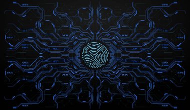 Fütürist stilde parmak taraması. Fütürist HUD Arayüzü olan biyometrik kimlik. Parmak izi tarama teknolojisi tasviri. Tanımlama Sistemi Taraması.