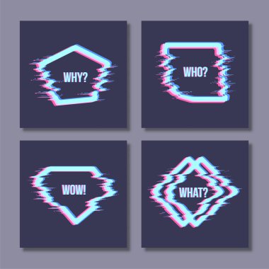 Aksaklık etkisi ile basit geometrik form kümesi. Çerçeveler veya kenarlık bozuk aksaklık tarzı. Tasarım afiş, poster, kapak, el ilanı, broşür, kart için modern trendy arka plan şekilleri. Vektör