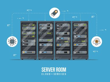Veri merkezi ve sunucu odası. Veri depolama ve değişim servisi düz illüstrasyon. Hud elementli bulut servis ekipmanı.