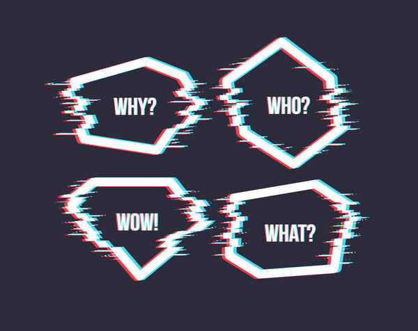 Set of simple geometric form with glitch effect. Frames or border in distorted glitch style. Modern trendy background shapes for design banner, poster, cover, flyer, brochure, card. Vector