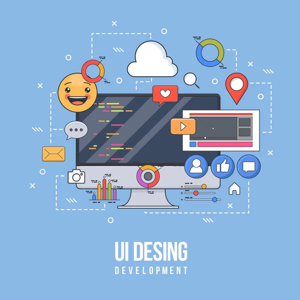 Flat illustration for ui-ux design, web design, mobile apps development. Modern flat colorful line designed concept. PC with interface elements. — Stock Vector