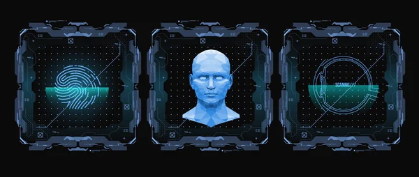 Fogalma az arc fürkésző. Pontos arc-felismerés biometrikus technológia és a mesterséges intelligencia fogalmát. Szembenéz nyomozás Hud felület. — Stock Vector