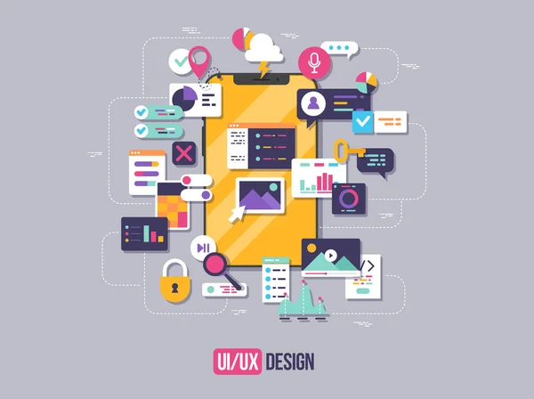 The process of developing interface for smartphone. Flat design template for mobile app and website design development with included UI UX elements. — Stock Vector
