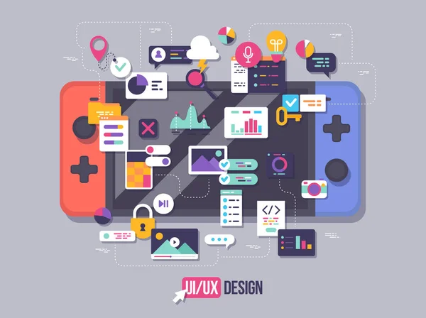 The process of developing interface for game console. Flat design template for mobile app and website design development with included UI UX elements. — Stock Vector