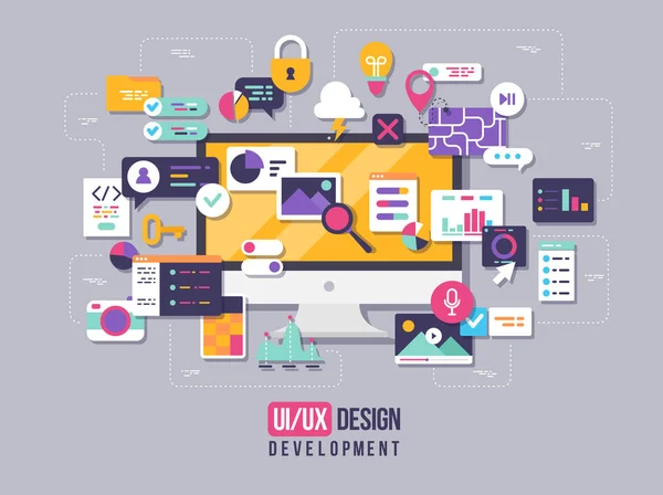 The process of developing interface for pc. Flat design template for mobile app and website design development with included UI UX elements. — Stock Vector