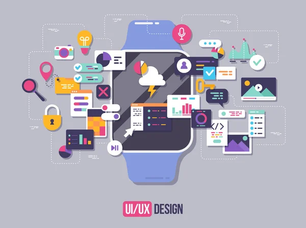 The process of developing interface for smart watch. Flat design template for mobile app and website design development with included UI UX elements. — Stock Vector