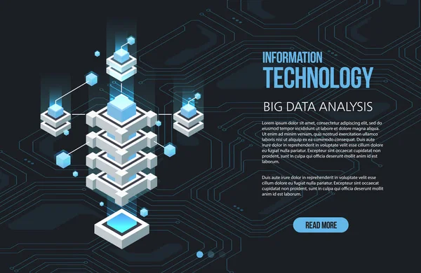 大数据处理、等距数据中心、矢量信息处理和存储的概念。具有抽象几何元素的创造性插图. — 图库矢量图片