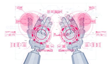 Robot mekanik kol ya da el Hud sanal sanal elementleriyle. Yapay Zeka Fütürist Tasarım Konsepti. Siber stilde yaratıcı poster.