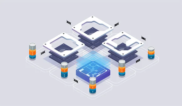 等轴测设计概念虚拟现实与增强现实。软件开发和编程。大数据中心计算、量子计算机等轴测矢量技术 — 图库矢量图片