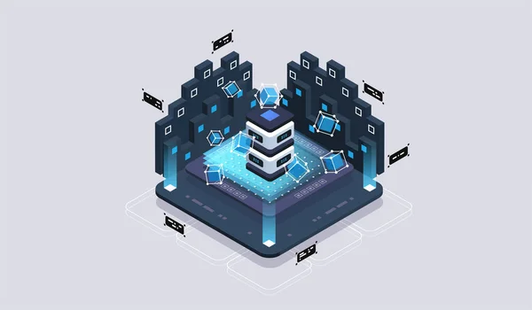 Concept de design isométrique réalité virtuelle et réalité augmentée. développement et programmation de logiciels. Calcul du big data center, technologie quantique des vecteurs isométriques — Image vectorielle