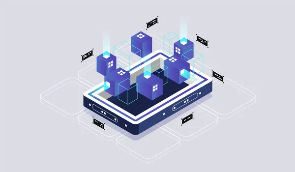 Concept de design isométrique réalité virtuelle et réalité augmentée. développement et programmation de logiciels. Calcul du big data center, technologie quantique des vecteurs isométriques — Image vectorielle