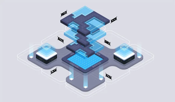 Concetto di design isometrico realtà virtuale e realtà aumentata. sviluppo e programmazione di software. Calcolo di big data center, tecnologia vettoriale isometrica del computer quantistico — Vettoriale Stock