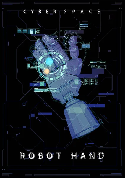 Ο μηχανικός βραχίονας ρομπότ ή το χέρι με Hud εικονικά ολογραφικά στοιχεία. Τεχνητή Νοημοσύνη φουτουριστικό σχεδιασμό έννοια. Δημιουργική αφίσα σε Cyber στυλ. — Διανυσματικό Αρχείο