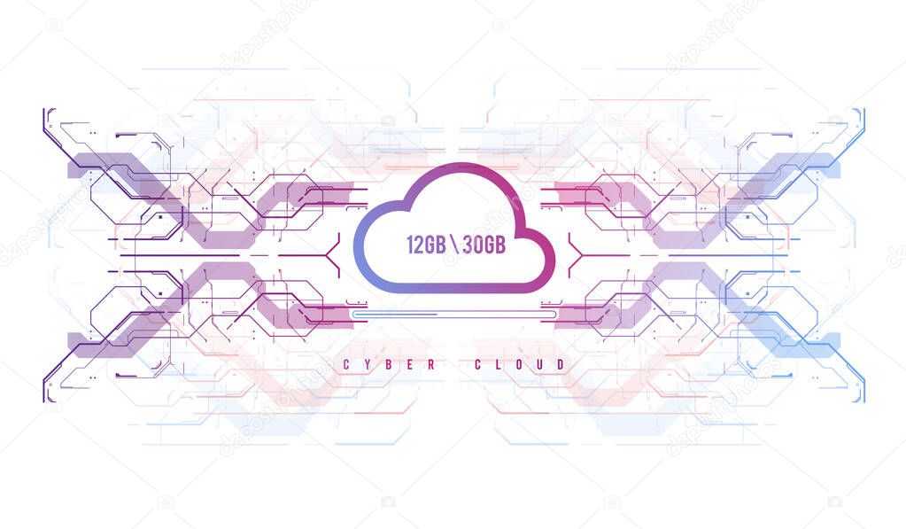 Cloud computing and innovation concept with HUD elements. Storage data, online data backup. Internet Technology Business concept. Online connection futuristic concept. System tech innovation