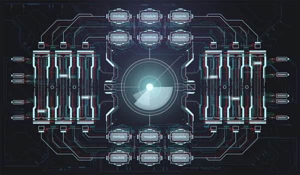 Tableau de bord du panneau de commande de l'engin spatial dans le style HUD. Définissez des éléments d'affichage infographique en noir et blanc pour l'application Web. Conception futuriste d'affichage tête haute VR. Interface FUI . — Image vectorielle