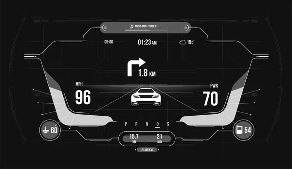 車のインフォグラフィックui 、分析とハードスタイルの診断。ナビゲーションディスプレイ付きの近代的なスポーツカーダッシュボード。未来の自動運転車のコックピット. — ストックベクタ
