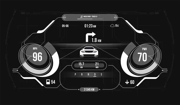 ハッド車のダッシュボード概要仮想グラフィックタッチユーザーインターフェイス。スマートカー技術の概念ですナビゲーションモードとのハード車両インターフェース. — ストックベクタ