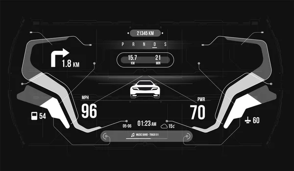 Tablero HUD coche. Interfaz gráfica abstracta de usuario táctil virtual. concepto de tecnología de coches inteligentes. Interfaz del vehículo HUD con modo de navegación . — Archivo Imágenes Vectoriales