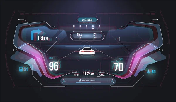 Velocidade hud quilômetro painel indicadores de desempenho. Painel de instrumentos do carro. Tacômetro, Data Display e Navegação. Interface gráfica virtual Ui HUD Autoscan. Gráfico virtual . —  Vetores de Stock