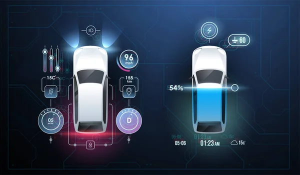 Interface gráfica virtual abstrata do usuário do toque. Auto serviço do carro, projeto moderno, automóvel diagnóstico. Indicação de carregamento de um carro elétrico . —  Vetores de Stock