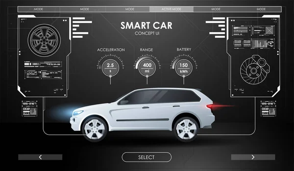 Autószerviz a stílus Hud. Virtuális grafikus interfész. Szkennelés Autó, Elemző és Diagnosztikai jármű. Autóalkatrészek kiválasztása. — Stock Vector
