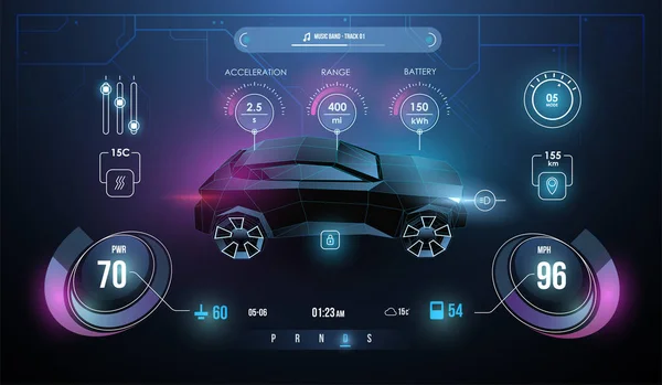 Painel de instrumentos desportivos modernos com visor de navegação. Cockpit de carro autônomo futurista. Interface gráfica virtual abstrata do usuário do toque. Auto serviço do carro, projeto moderno, automóvel diagnóstico . —  Vetores de Stock