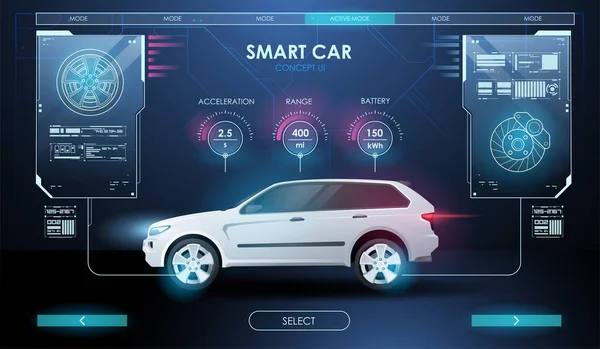 Autószerviz a stílus Hud. Virtuális grafikus interfész. Szkennelés Autó, Elemző és Diagnosztikai jármű. Autóalkatrészek kiválasztása. — Stock Vector