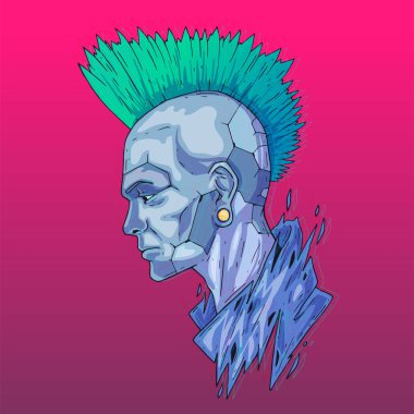 Karakter Yüzü fütüristik sanal tarzda. Siber Punk Vektör İllüstrasyonu. İnternet ve baskı için çizgi film sanatı. Moda Sanatı Posteri.