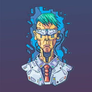 Karakter Yüzü fütüristik sanal tarzda. Siber Punk Vektör İllüstrasyonu. İnternet ve baskı için çizgi film sanatı. Moda Sanatı Posteri.