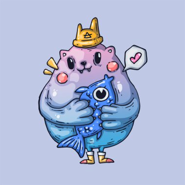 Şişko balıkçı elinde büyük bir balık tutuyor. Yaratıcı Vektör İllüzyonu. Web ve baskı için çizgi film sanatı.