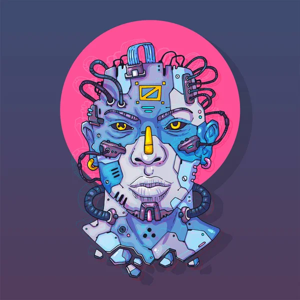 Cara de personagem em estilo virtual futurista. Cyber Punk Vector Ilustração. Desenhos animados para web e impressão. Cartaz de arte cibernética na moda . —  Vetores de Stock