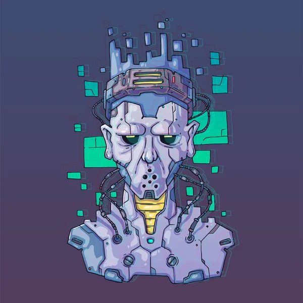 Cara de personagem em estilo virtual futurista. Cyber Punk Vector Ilustração. Desenhos animados para web e impressão. Cartaz de arte cibernética na moda . — Vetor de Stock